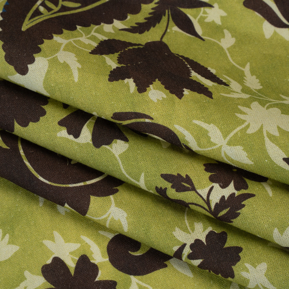 Linen and Rayon Woven - Kiwi Green and Dark Brown Paisley and Vines - Mood Exclusive Groovy Grove Print