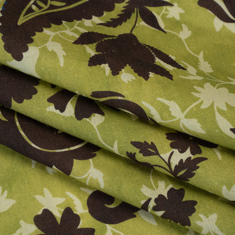 Linen and Rayon Woven - Kiwi Green and Dark Brown Paisley and Vines - Mood Exclusive Groovy Grove Print
