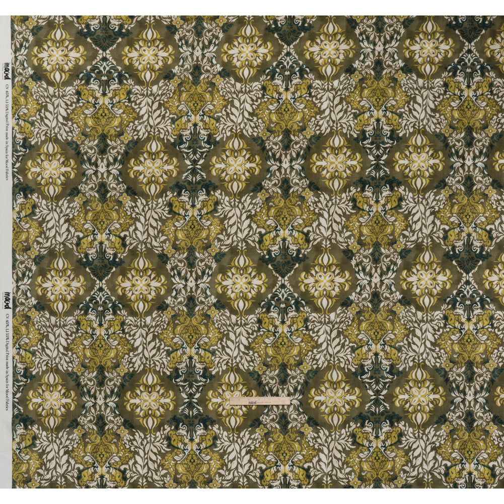 Linen and Rayon Woven - Olive, Lime Green and Cream Floral Diamonds - Mood Exclusive Fleur Filigree Print