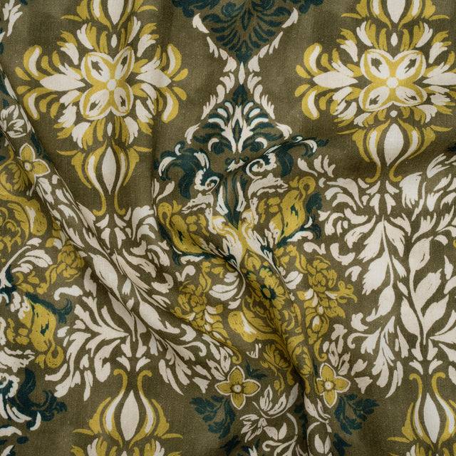 Linen and Rayon Woven - Olive, Lime Green and Cream Floral Diamonds - Mood Exclusive Fleur Filigree Print