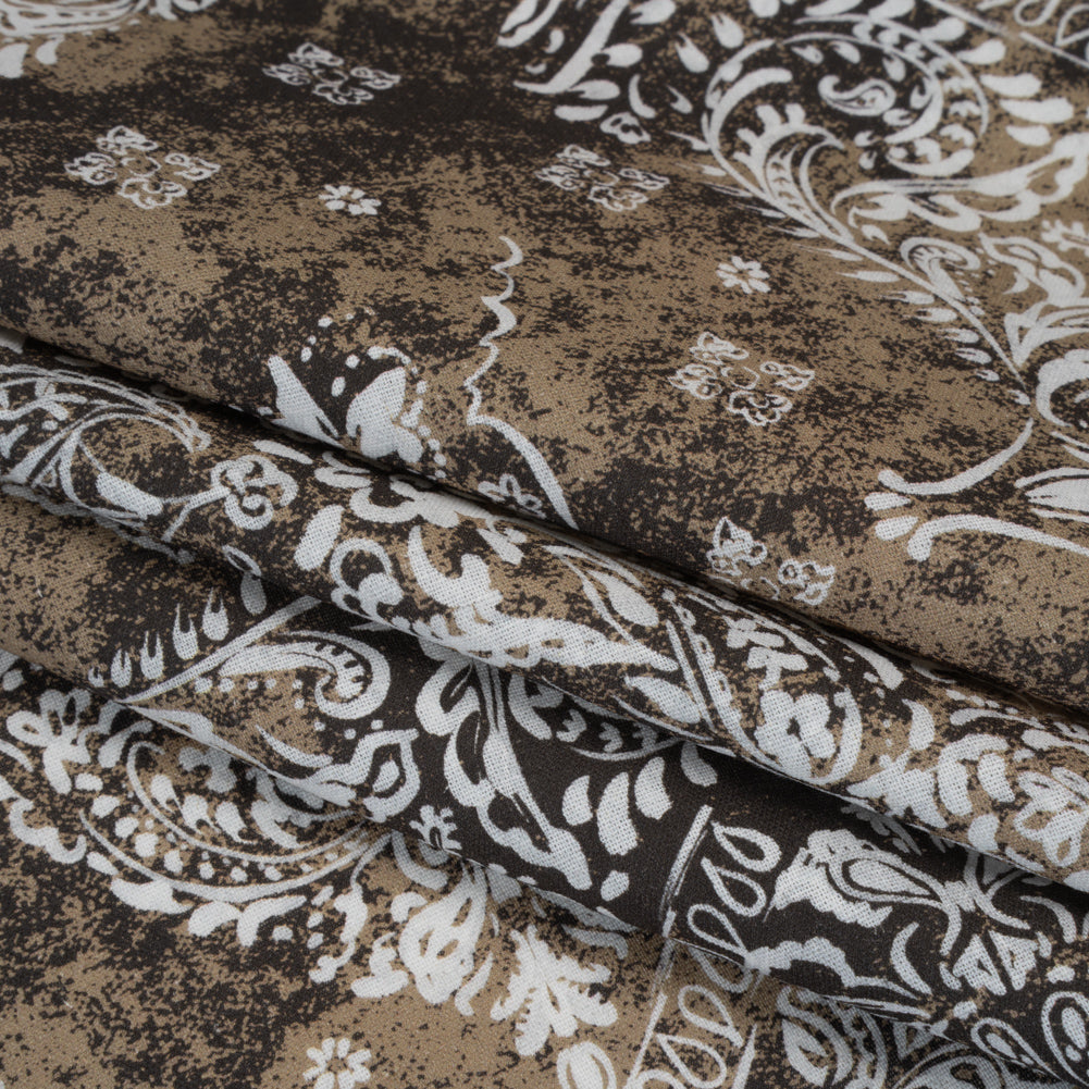 Linen and Rayon Woven - Dark Brown, Beige and White Floral Patches - Mood Exclusive Earthly Envy Print