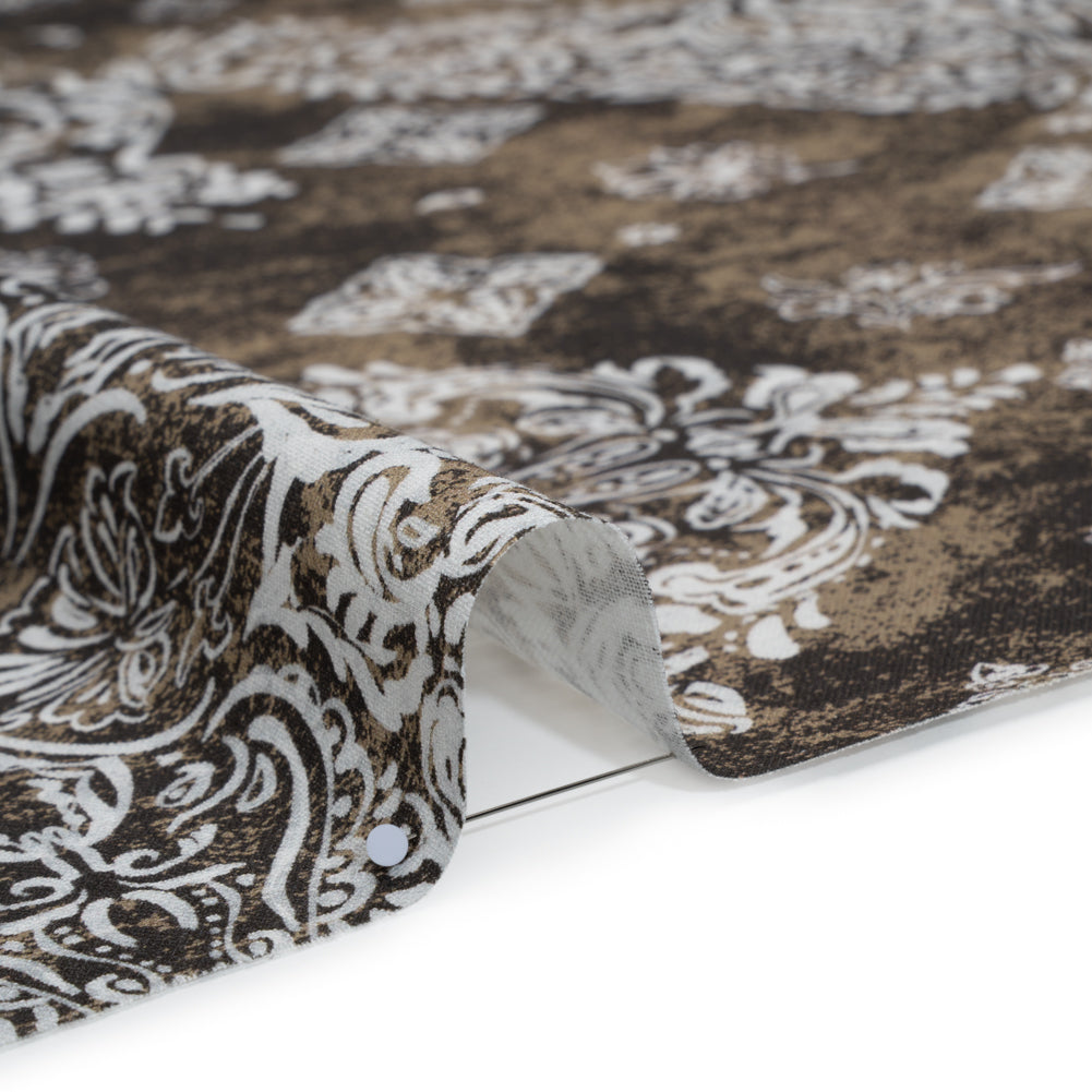 Linen and Rayon Woven - Dark Brown, Beige and White Floral Patches - Mood Exclusive Earthly Envy Print