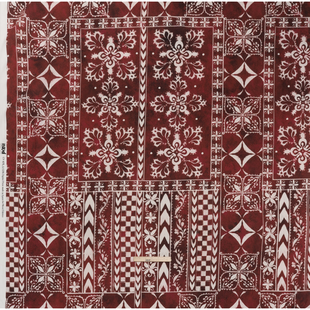 Linen and Rayon Woven - Dark Red and White Checks and Flowers Patchwork - Mood Exclusive Magnolia Mosaic Print
