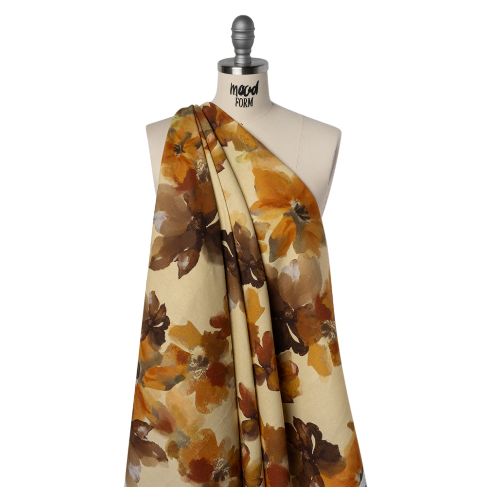 Linen and Rayon Woven - Pale Yellow, Burnt Orange and Brick Painterly Florals - Mood Exclusive Sunwashed Serenade Print