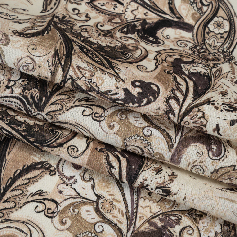 Linen and Rayon Woven - Brown, Beige and Cream Leafy Paisley Sketches - Mood Exclusive Daydream Doodles Print