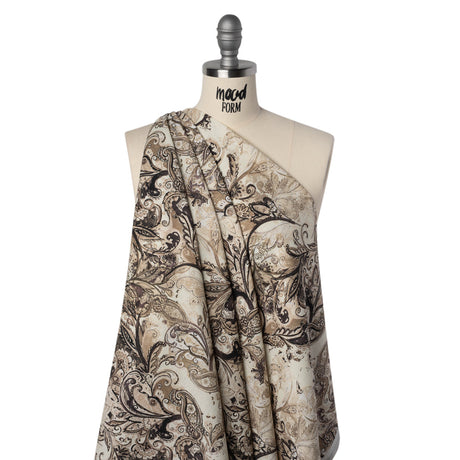 Linen and Rayon Woven - Brown, Beige and Cream Leafy Paisley Sketches - Mood Exclusive Daydream Doodles Print