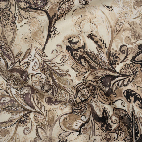 Linen and Rayon Woven - Brown, Beige and Cream Leafy Paisley Sketches - Mood Exclusive Daydream Doodles Print