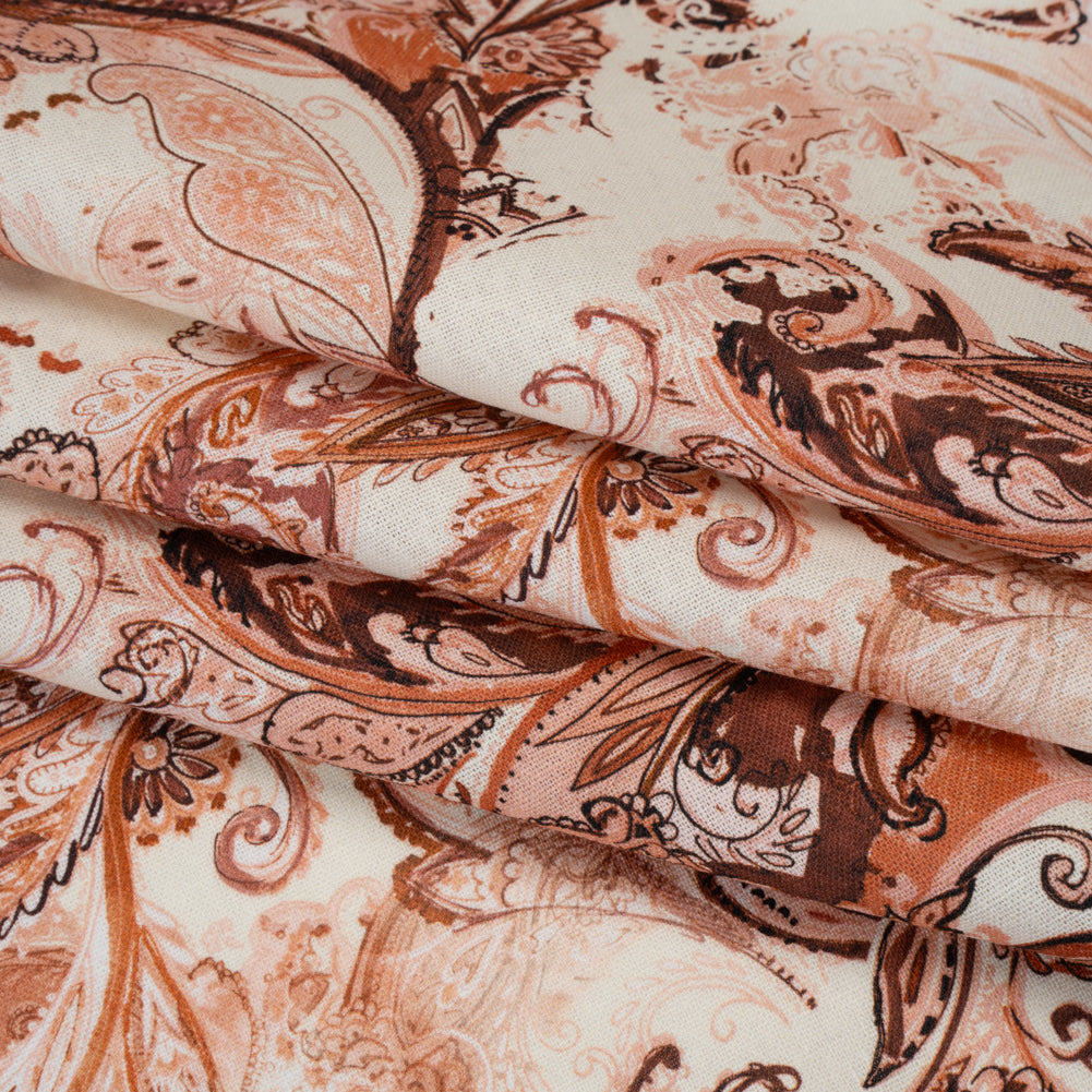 Linen and Rayon Woven - Orange, Muted Red and Cream Leafy Paisley Sketches - Mood Exclusive Daydream Doodles Print