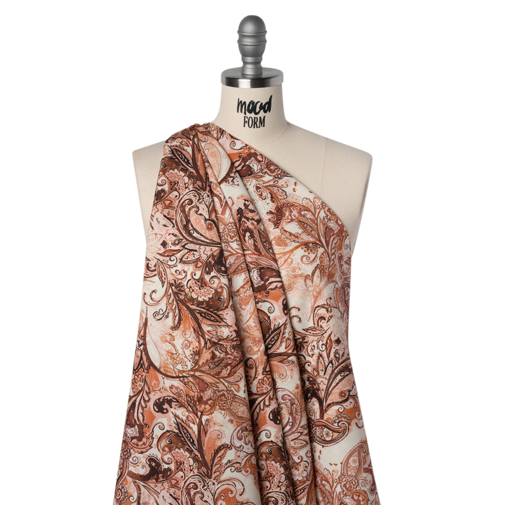 Linen and Rayon Woven - Orange, Muted Red and Cream Leafy Paisley Sketches - Mood Exclusive Daydream Doodles Print