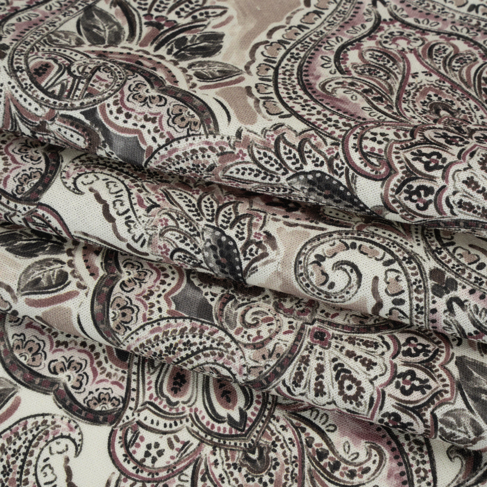 Linen and Rayon Woven - Dark Gray, Beige and Dusty Pink Ornate Paisley and Floral - Mood Exclusive Boheme Blooms Print