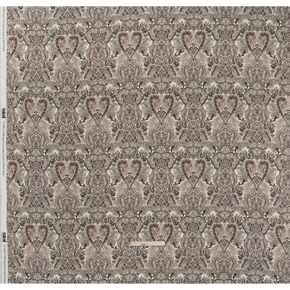 Linen and Rayon Woven - Dark Gray, Beige and Dusty Pink Ornate Paisley and Floral - Mood Exclusive Boheme Blooms Print