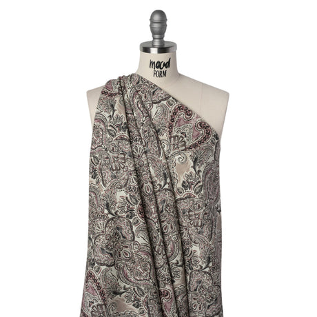 Linen and Rayon Woven - Dark Gray, Beige and Dusty Pink Ornate Paisley and Floral - Mood Exclusive Boheme Blooms Print