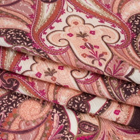 Slubbed Gauzy Cotton Woven - Pale Peach, Magenta and Dark Plum Fanciful Paisleys - Mood Exclusive Mandala Motions Print