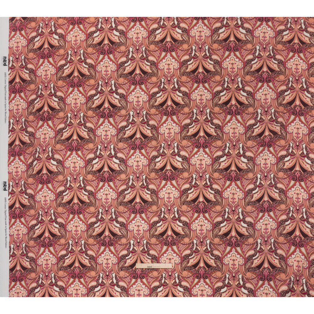 Slubbed Gauzy Cotton Woven - Pale Peach, Magenta and Dark Plum Fanciful Paisleys - Mood Exclusive Mandala Motions Print