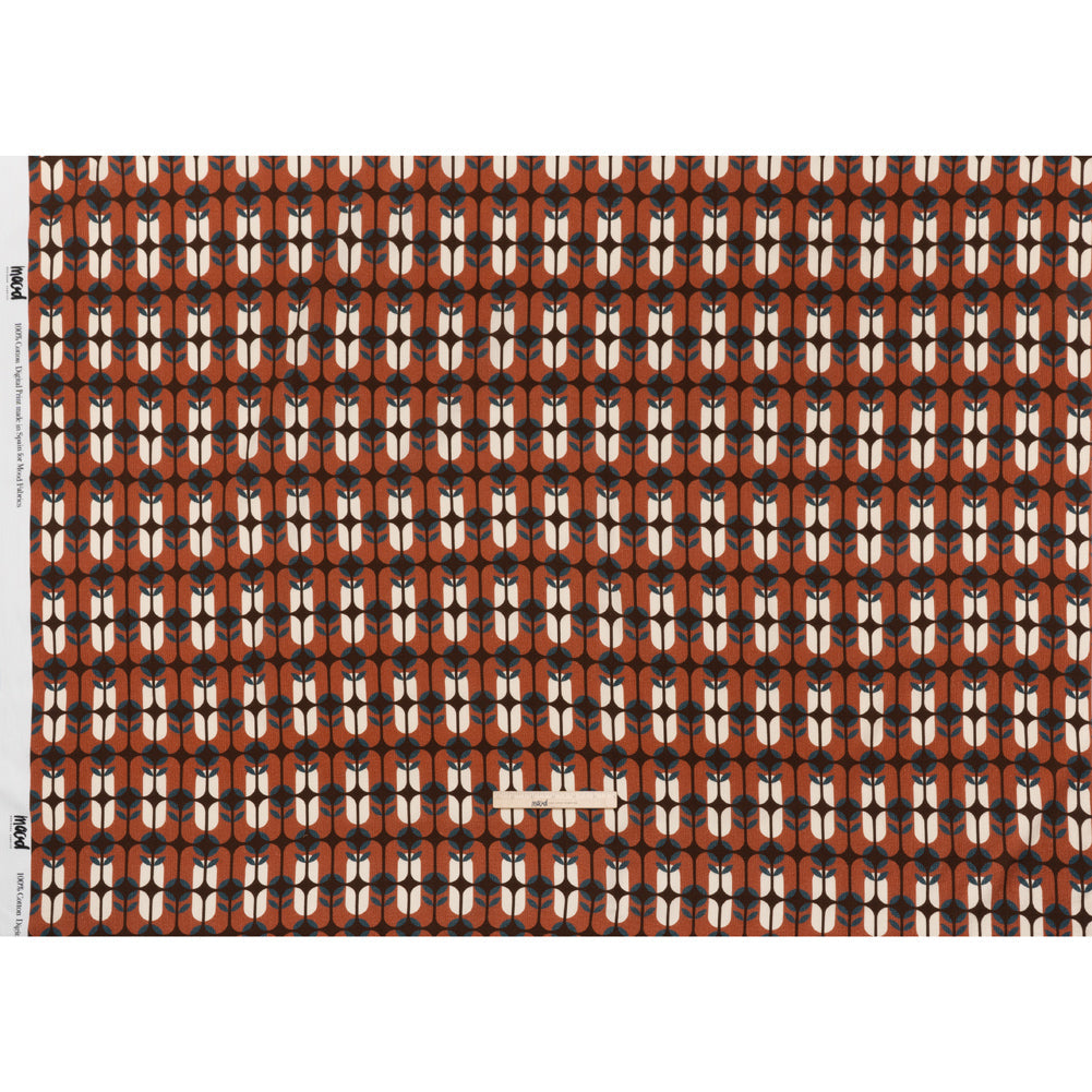 Slubbed Gauzy Cotton Woven - Rust Red, Dark Blue and Coffee Brown Geometric Floral Windows - Mood Exclusive Greenhouse Geometries Print
