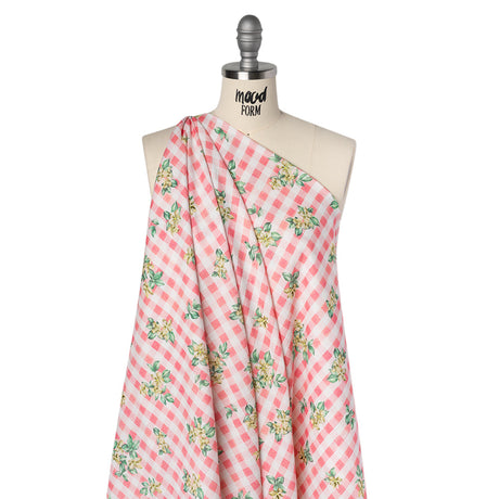 Slubbed Gauzy Cotton Woven - White and Yellow Flowers on Pink Gingham - Mood Exclusive Picnic Petals Print