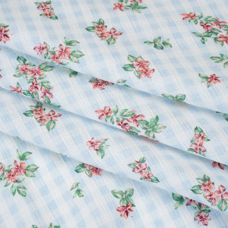 Slubbed Gauzy Cotton Woven - Pink and Green Flowers on Sky Blue Gingham - Mood Exclusive Picnic Petals Print