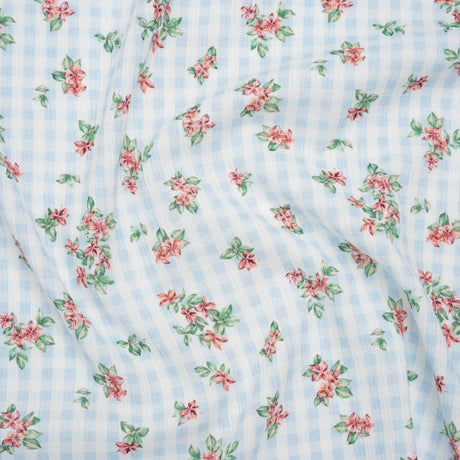 Slubbed Gauzy Cotton Woven - Pink and Green Flowers on Sky Blue Gingham - Mood Exclusive Picnic Petals Print