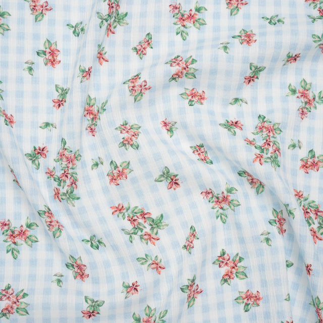 Slubbed Gauzy Cotton Woven - Pink and Green Flowers on Sky Blue Gingham - Mood Exclusive Picnic Petals Print
