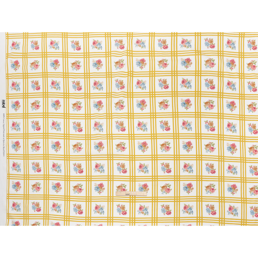 Slubbed Gauzy Cotton Woven - Yellow Ochre, Red and Blue Check with Flower Bouquets - Mood Exclusive Banquet Bouquet Print
