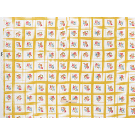 Slubbed Gauzy Cotton Woven - Yellow Ochre, Red and Blue Check with Flower Bouquets - Mood Exclusive Banquet Bouquet Print