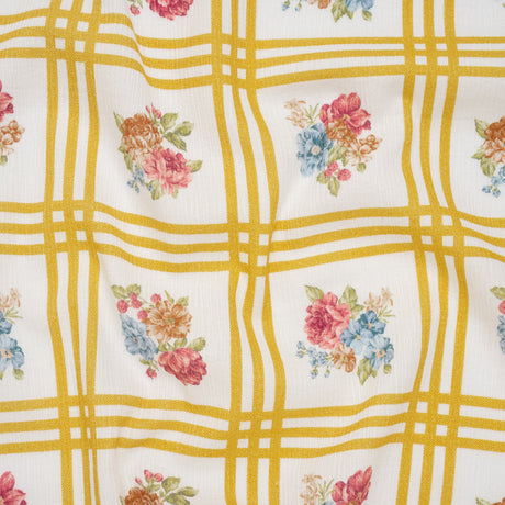 Slubbed Gauzy Cotton Woven - Yellow Ochre, Red and Blue Check with Flower Bouquets - Mood Exclusive Banquet Bouquet Print