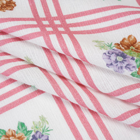 Slubbed Gauzy Cotton Woven - Pink, Red and Purple Check with Flower Bouquets - Mood Exclusive Banquet Bouquet Print