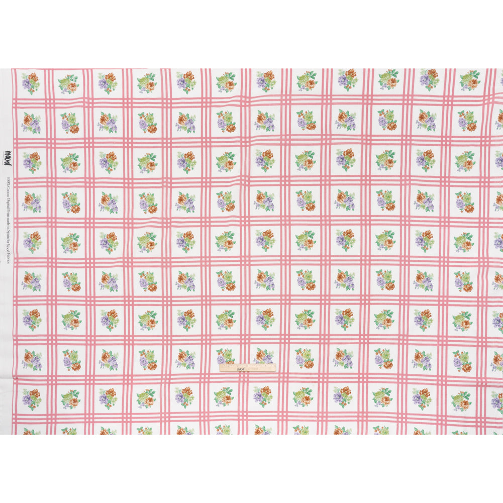 Slubbed Gauzy Cotton Woven - Pink, Red and Purple Check with Flower Bouquets - Mood Exclusive Banquet Bouquet Print