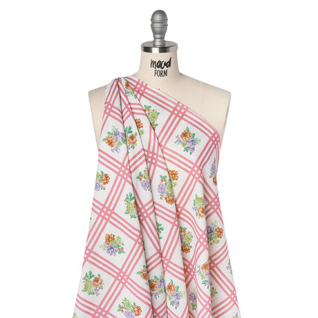 Slubbed Gauzy Cotton Woven - Pink, Red and Purple Check with Flower Bouquets - Mood Exclusive Banquet Bouquet Print