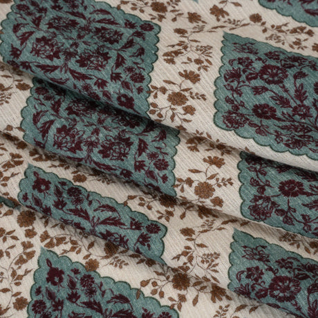 Slubbed Gauzy Cotton Woven - Cream, Dusty Teal and Burgundy Floral Diamonds - Mood Exclusive Garden Grid Print