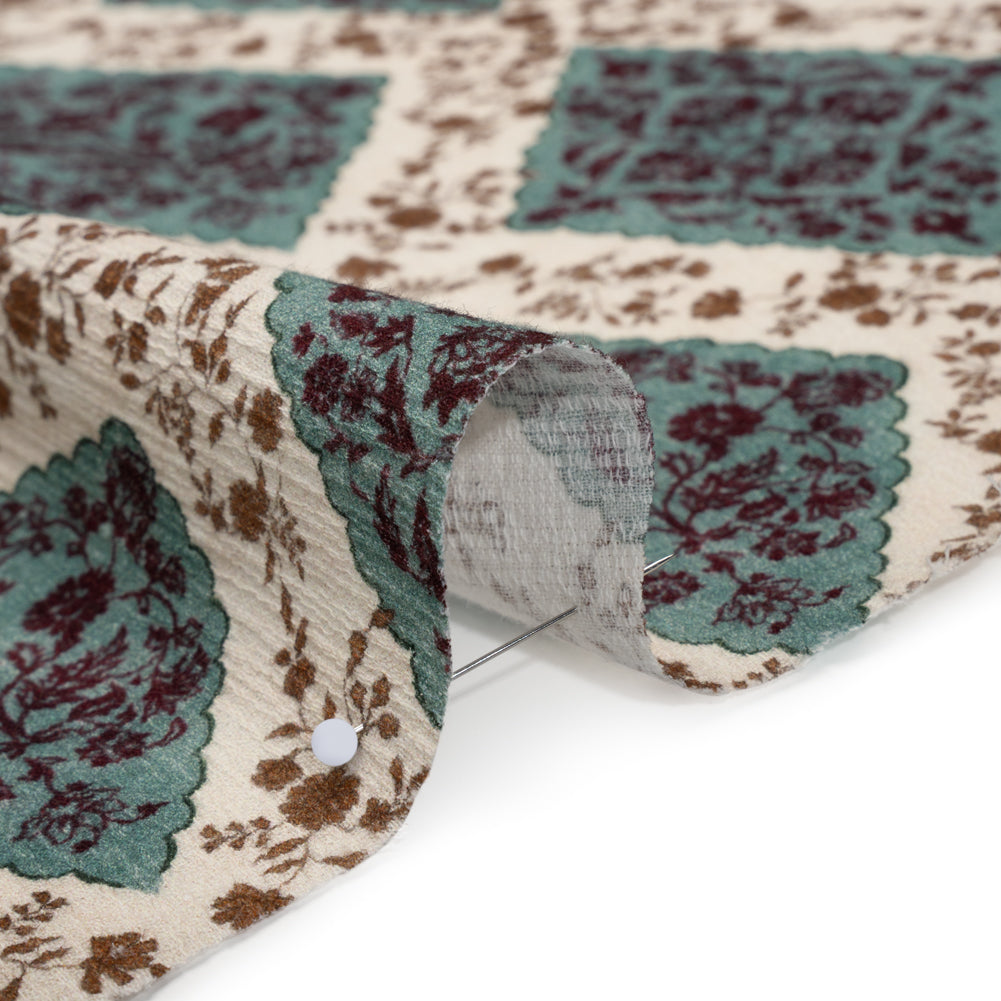 Slubbed Gauzy Cotton Woven - Cream, Dusty Teal and Burgundy Floral Diamonds - Mood Exclusive Garden Grid Print