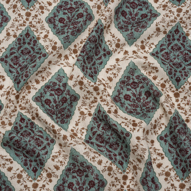 Slubbed Gauzy Cotton Woven - Cream, Dusty Teal and Burgundy Floral Diamonds - Mood Exclusive Garden Grid Print