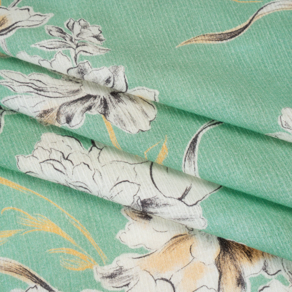 Slubbed Gauzy Cotton Woven - Mint Green, Golden Yellow and Off White Floral - Mood Exclusive Color Me Chrysanthemum Print