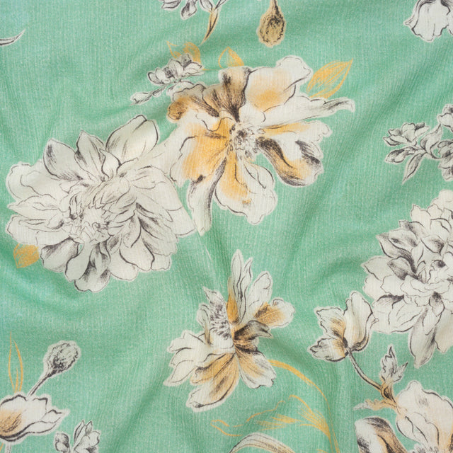 Slubbed Gauzy Cotton Woven - Mint Green, Golden Yellow and Off White Floral - Mood Exclusive Color Me Chrysanthemum Print