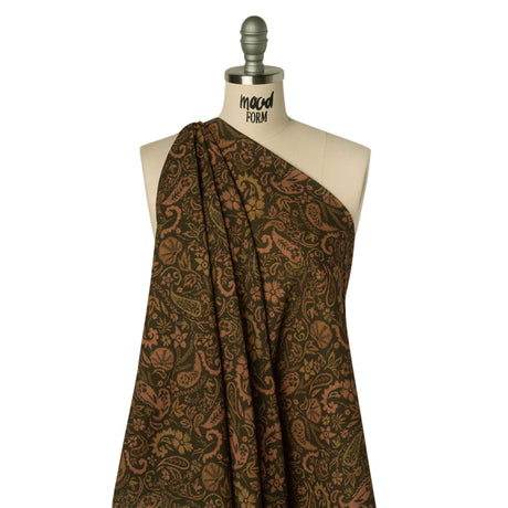 Slubbed Gauzy Cotton Woven - Dark Olive Green, Brown and Blush Tan Woodland Paisley - Mood Exclusive Woodland Whorls Print