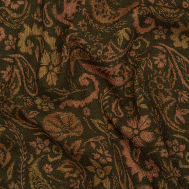 Slubbed Gauzy Cotton Woven - Dark Olive Green, Brown and Blush Tan Woodland Paisley - Mood Exclusive Woodland Whorls Print