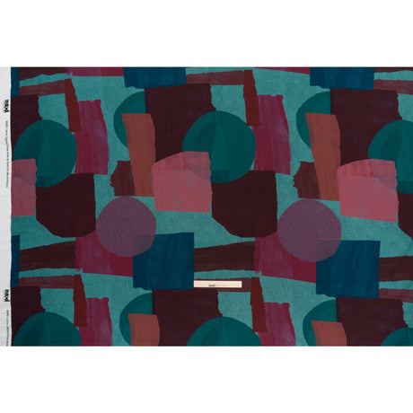 Slubbed Gauzy Cotton Woven - Teal Green, Burgundy and Magenta Painted Geometrics - Mood Exclusive Brushed Blocks Print