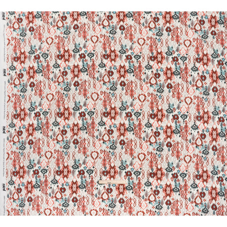 Slubbed Gauzy Cotton Woven - Coral Red, Dark Blue and Light Gray Ikat Leaves and Swirls - Mood Exclusive Fanciful Fairy Print