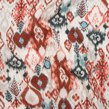 Slubbed Gauzy Cotton Woven - Coral Red, Dark Blue and Light Gray Ikat Leaves and Swirls - Mood Exclusive Fanciful Fairy Print