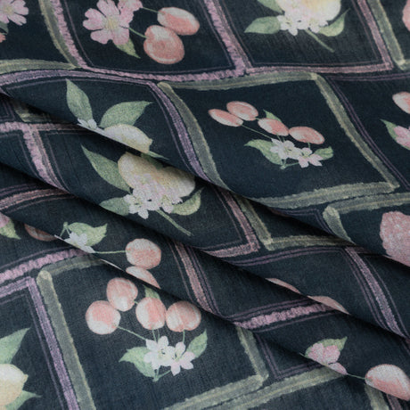 Crinkled Cotton Gauzy Woven - Pink, Yellow and Navy Fruit and Flowers in Frames - Mood Exclusive Summer Medley Print