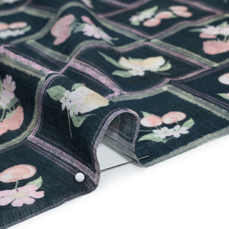 Crinkled Cotton Gauzy Woven - Pink, Yellow and Navy Fruit and Flowers in Frames - Mood Exclusive Summer Medley Print