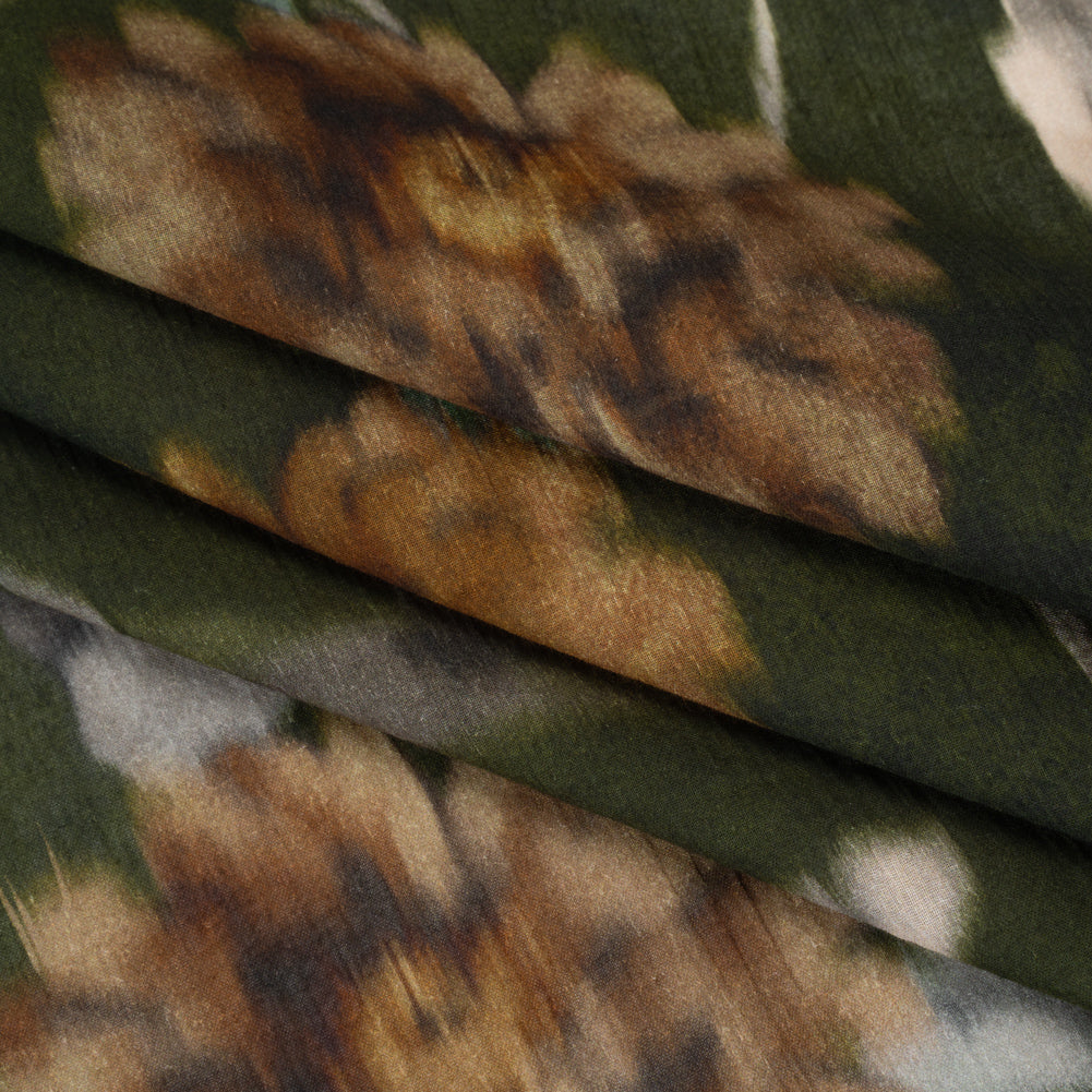 Crinkled Cotton Gauzy Woven - Olive Green, Tan and Gray Hazy Ikat Flowers - Mood Exclusive Blurred Blooms Print