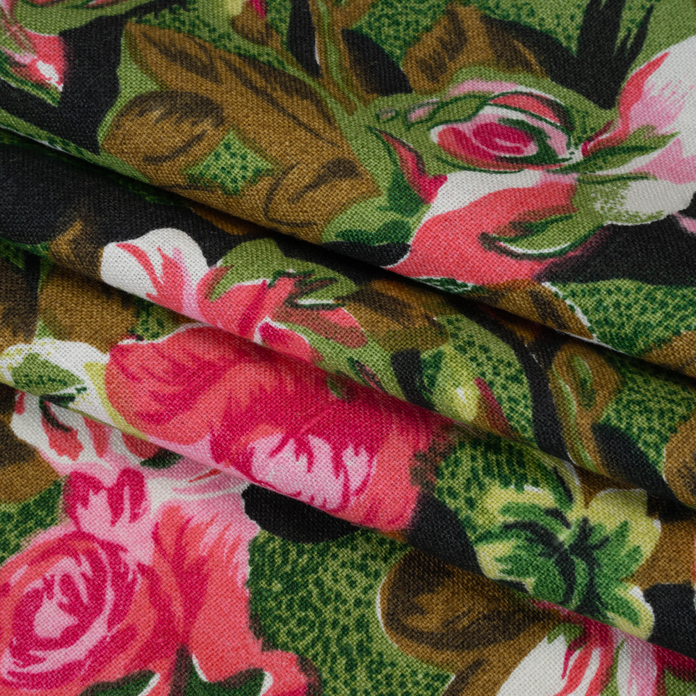 Medium Weight Linen Woven Print - Pink, Green and Brown Roses