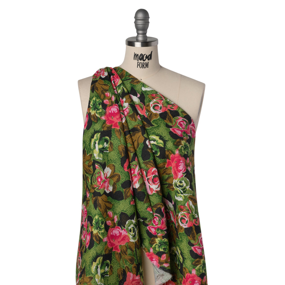 Medium Weight Linen Woven Print - Pink, Green and Brown Roses
