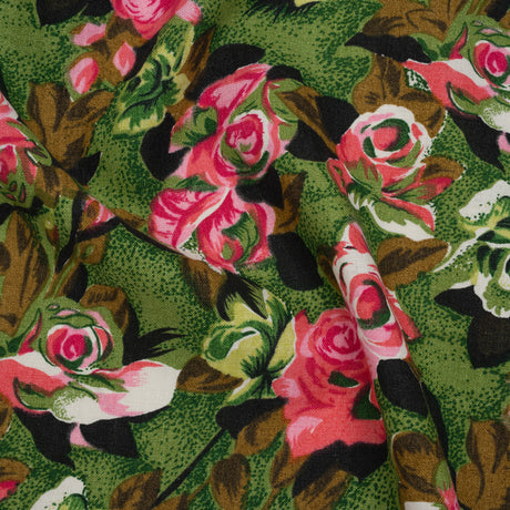 Medium Weight Linen Woven Print - Pink, Green and Brown Roses