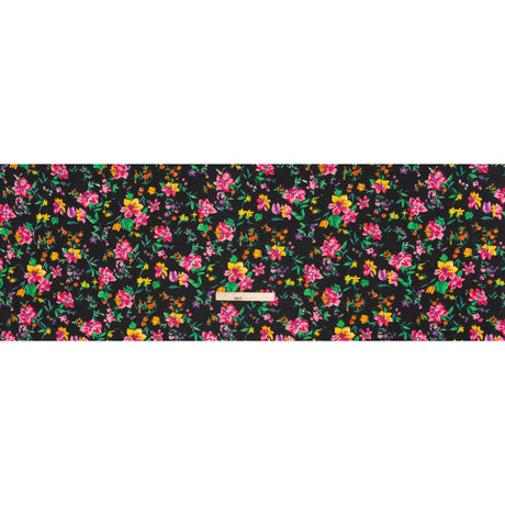Medium Weight Linen Woven Print - Black, Pink and Purple Floral