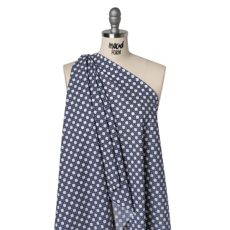 Cotton and Rayon Woven Shirting Print - Navy Blue and White Wicker Basket Lattice - Deadstock