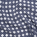 Cotton and Rayon Woven Shirting Print - Navy Blue and White Wicker Basket Lattice - Deadstock