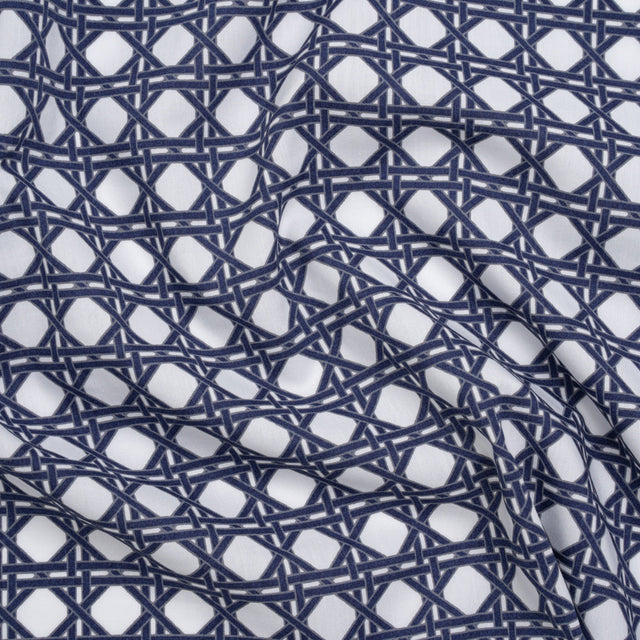 Cotton and Rayon Woven Shirting Print - Navy Blue and White Wicker Basket Lattice - Deadstock