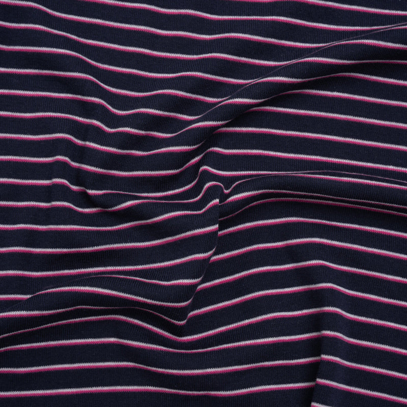 Cotton and Polyester 1x1 Rib Knit - Fuchsia, White and Navy Shadow Stripes - Deadstock